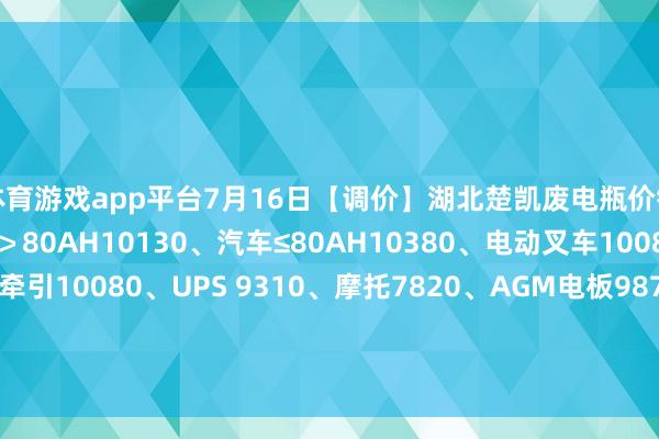 体育游戏app平台7月16日【调价】湖北楚凯废电瓶价钱：电动10190、汽车＞80AH10130、汽车≤80AH10380、电动叉车10080、电轿9720、牵引10080、UPS 9310、摩托7820、AGM电板9870、电子秤5680、EFB10380。（单元：元/吨）（含3%升值税）-mk体育app官网登录入口 - mk(中国)
